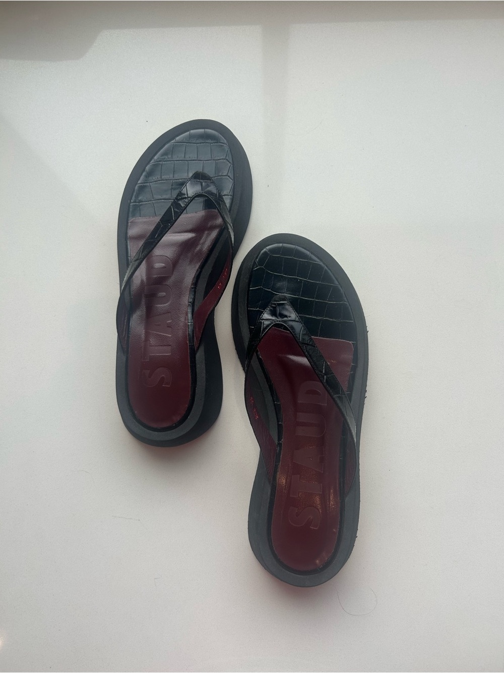 STAUD Black Croc Stamped Platform Sandal